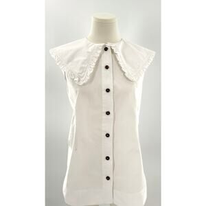 Ganni White Cotton Sleeveless Shirt Large Peter Pan Ruffle Collar Top 36 4